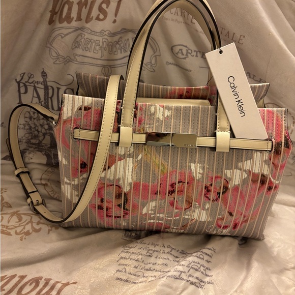 Calvin Klein Striped Floral Satchel Pink and Cream